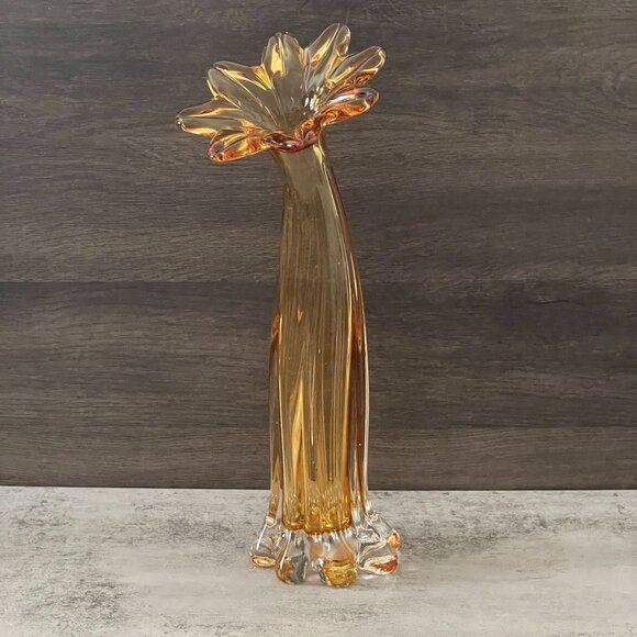 Vintage Murano Amber Flower Swung Art Glass Vase 8 Petals Hand Blown 13" Tallest - Picture 1 of 7